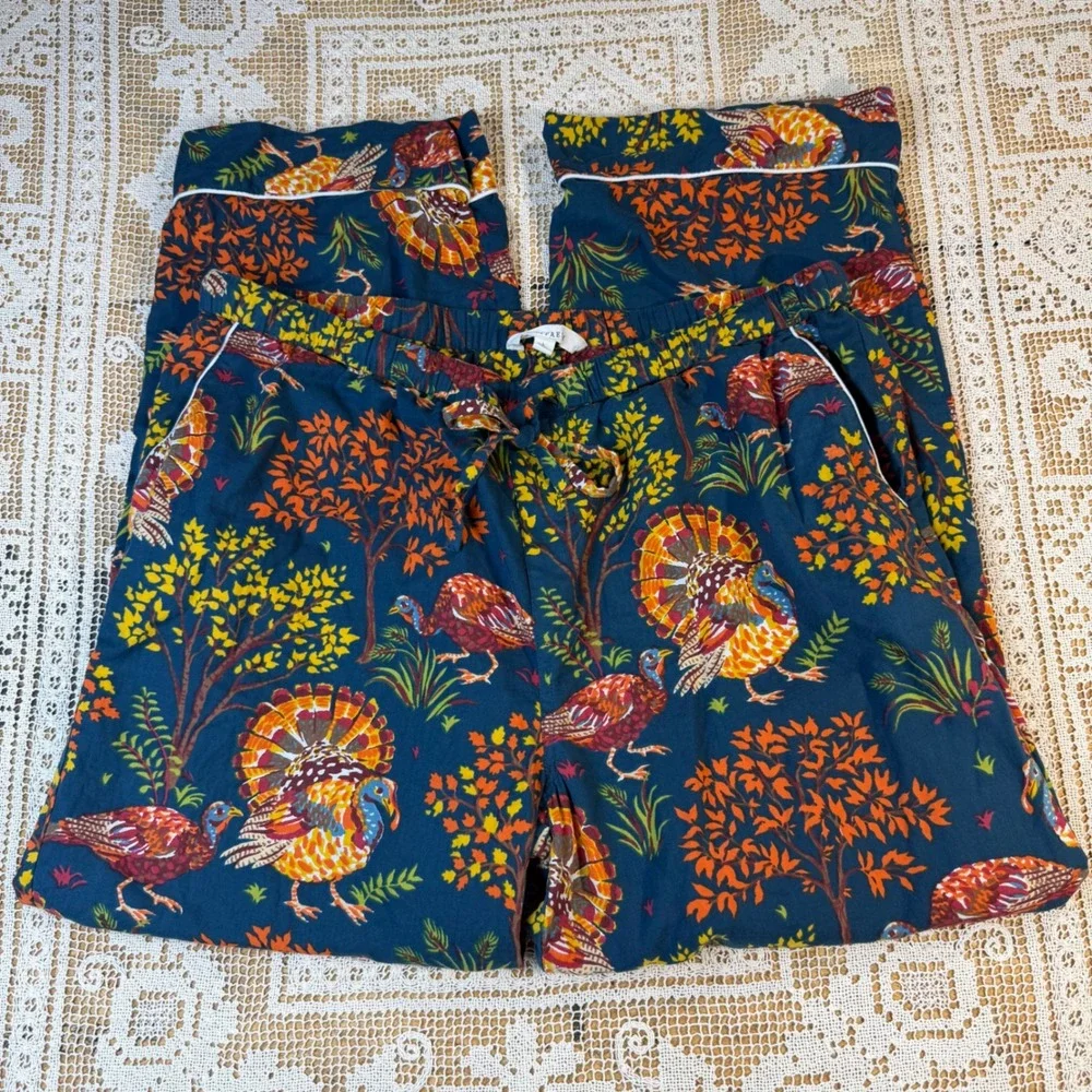 Printfresh Retired Turkey Print Pajama Pants Dark Blue Cotton Festive Feast Sz L